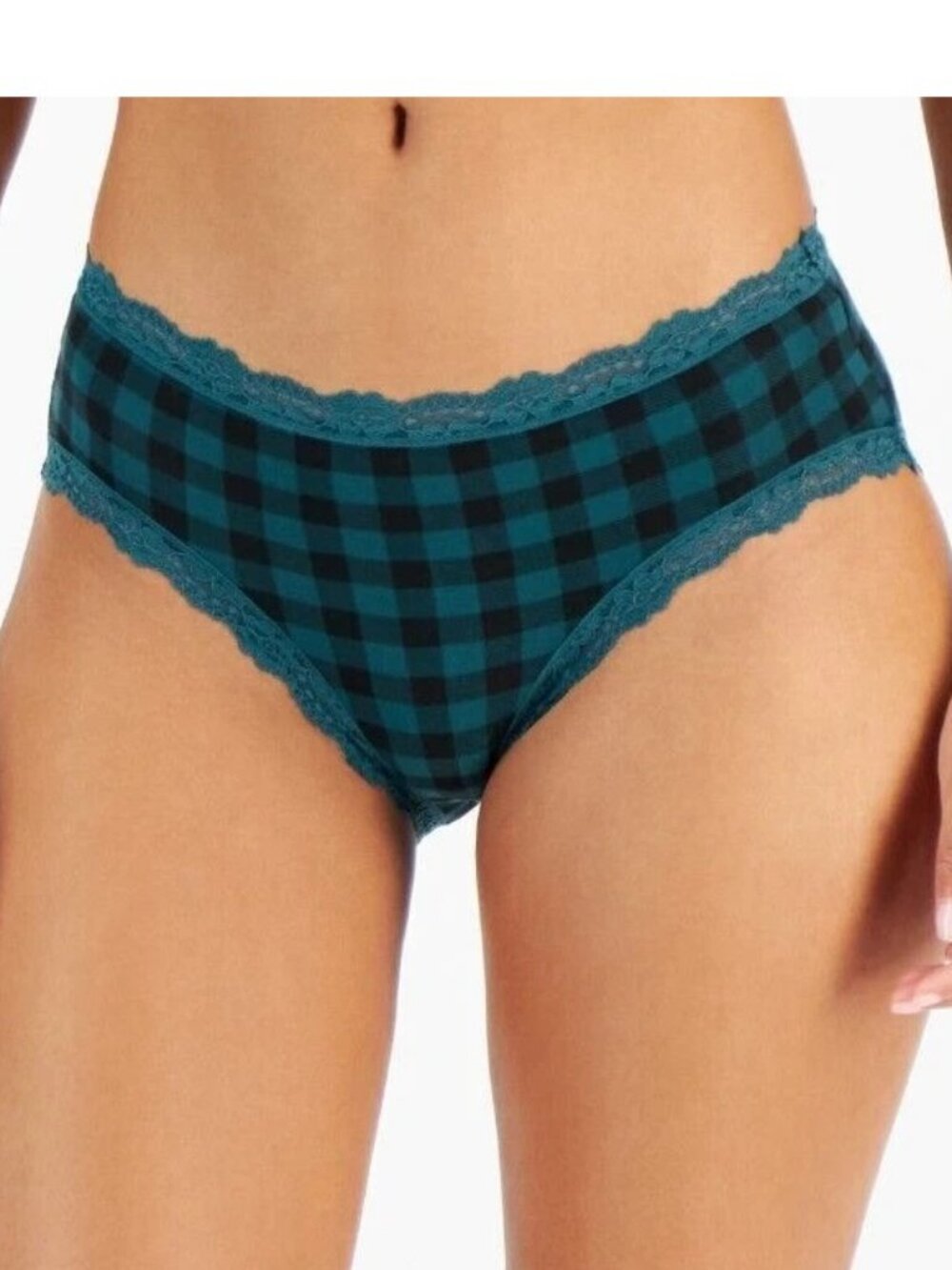 Jenni Women's Lace Trim Bikini Panty Underwear, Green Buffalo Plaid